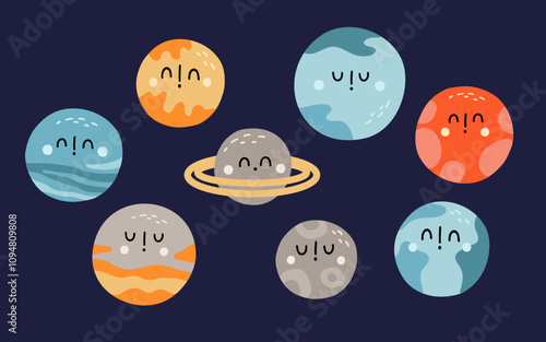 Cute cartoon planets with faces in space - whimsical solar system illustration.