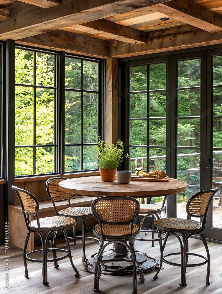 Fototapeta premium Rustic Farmhouse Dining Area with Exposed Wooden Beams and Large Windows Overlooking Lush Greenery.