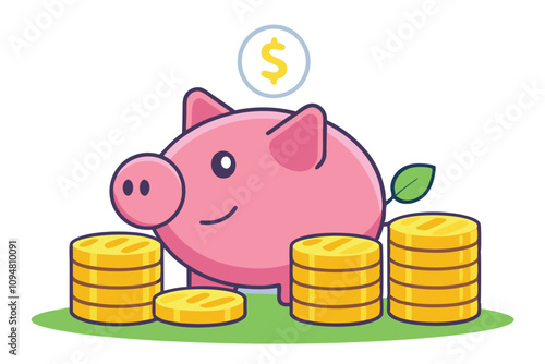 Piggy Bank Vector Illustration - Cute Money Savings Design with Coin and Minimalistic Financial Art for Banking Concepts