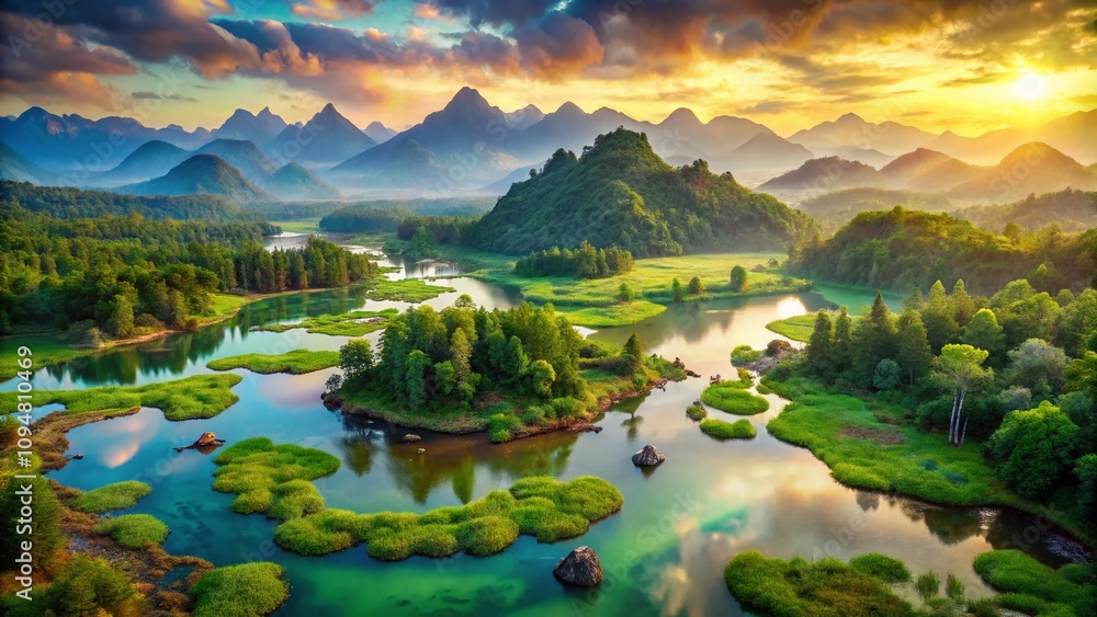 Naklejka premium Aerial View of a Fantasy Swamp Landscape with Lush Greenery and Majestic Mountains in the Background, Capturing the Essence of Enchantment and Adventure in Nature