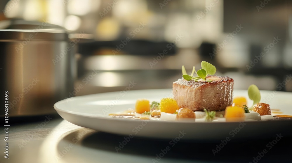Gourmet Beef Dish with Vegetables in Elegant Restaurant Setting Gourmet Beef Dish with Vegetables in Elegant Restaurant Setting