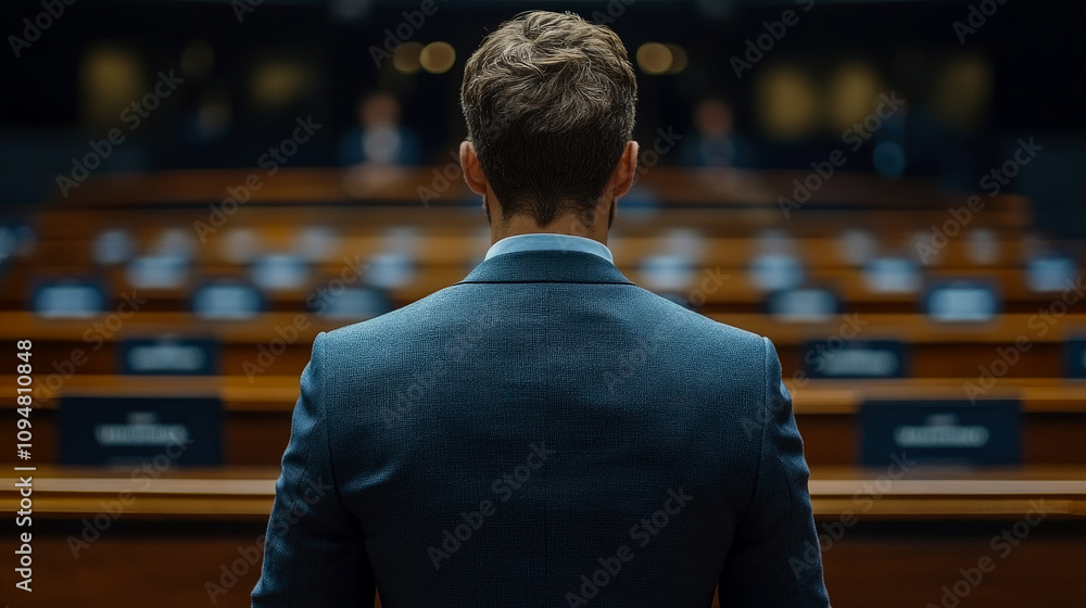 A businessman stands before a large, empty conference hall, preparing to present to an unseen audience, creating a mood of expectation A businessman stands before a large, empty conference hall, preparing to present to an unseen audience, creating a mood of expectation