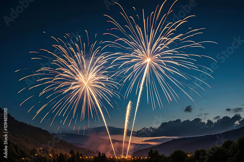 fireworks are seen from a hill top with a lake in the background photo