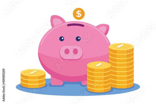 Piggy Bank Vector Illustration - Cute Money Savings Design with Coin and Minimalistic Financial Art for Banking Concepts