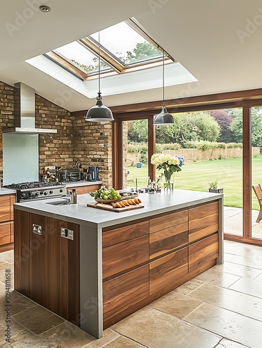 Modern kitchen island with walnut cabinetry and a view of a garden through sliding glass doors.