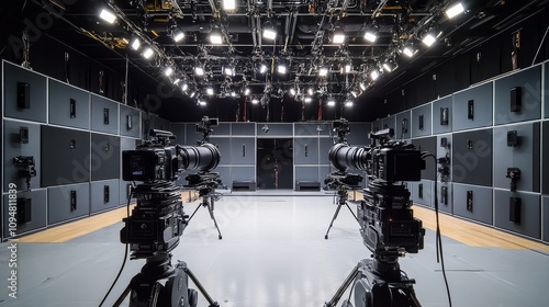 Empty Television Studio with Multiple Cameras and Lighting Equipment