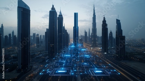 Sleek and futuristic cityscape showcasing advanced architectural designs with vibrant circuit like light connections that interlink sustainable urban solutions and innovative technologies for a smart photo