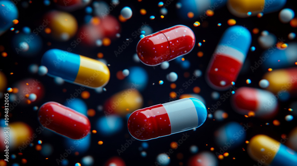Brightly colored capsules float against a black backdrop, showcasing a vibrant display of medical elements that attract attention and curiosity Brightly colored capsules float against a black backdrop, showcasing a vibrant display of medical elements that attract attention and curiosity