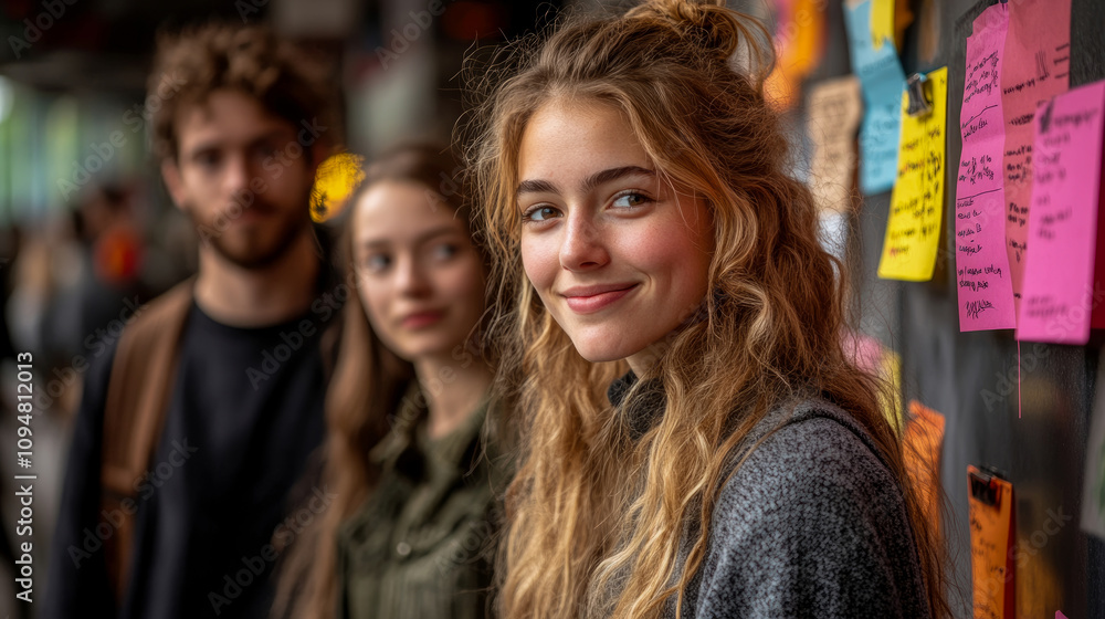 Three young adults stand together, smiling and interacting in front of a wall covered with vibrant sticky notes in a dynamic urban environment Three young adults stand together, smiling and interacting in front of a wall covered with vibrant sticky notes in a dynamic urban environment