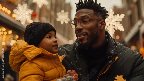 Father and child enjoying the festive atmosphere at a winter market in a cozy neighborhood