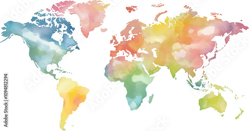 Colorful watercolor world map on transparent background.