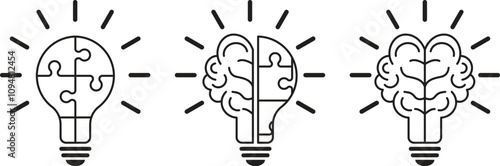 Puzzle piece line light bulb icon set, smart solution light bulb icon, inspiration, knowledge. Vector illustration