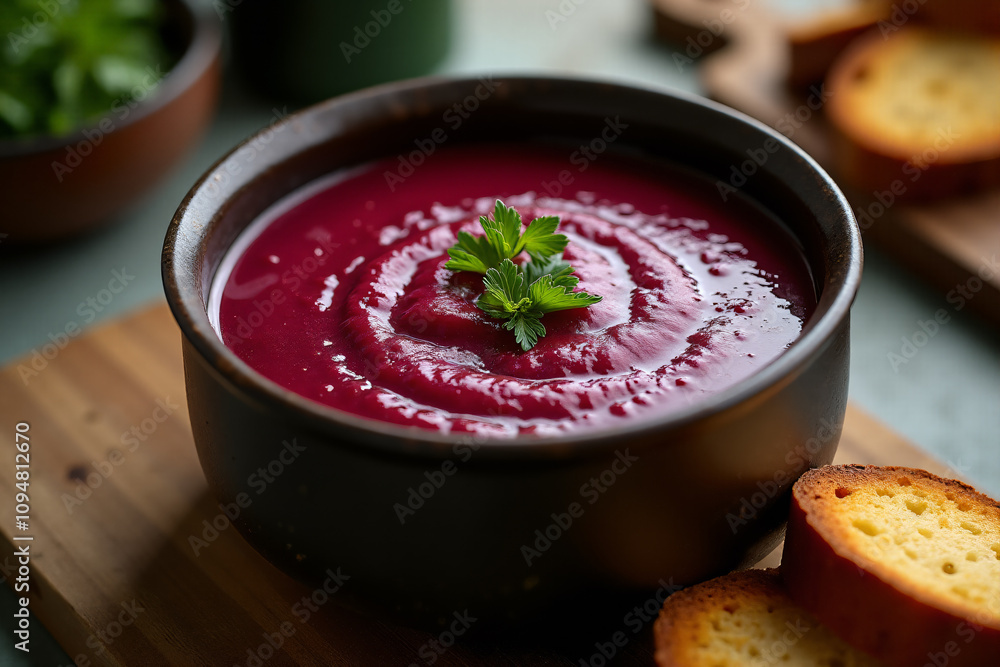Hot beetroot soup puree in a tureen with slices of bread on the kitchen table. Hot beetroot soup puree in a tureen with slices of bread on the kitchen table.