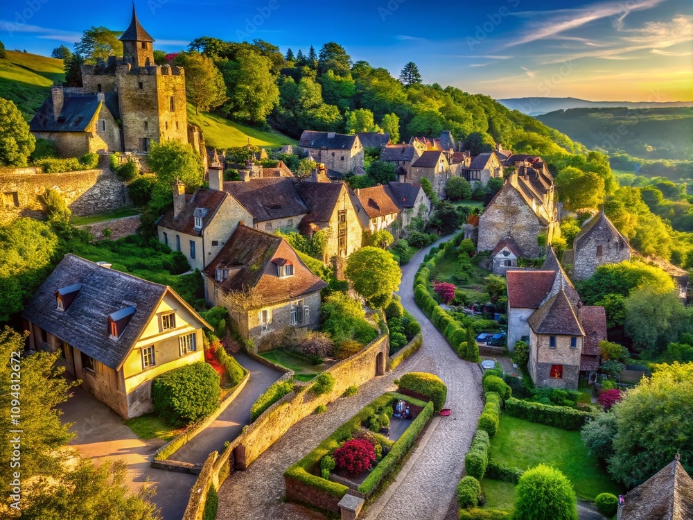 Aerial View of a Magical Medieval Village Nestled in Lush Green Countryside with Charming Stone Houses, Cobblestone Streets, and Enchanted Forests Under a Bright Blue Sky Aerial View of a Magical Medieval Village Nestled in Lush Green Countryside with Charming Stone Houses, Cobblestone Streets, and Enchanted Forests Under a Bright Blue Sky