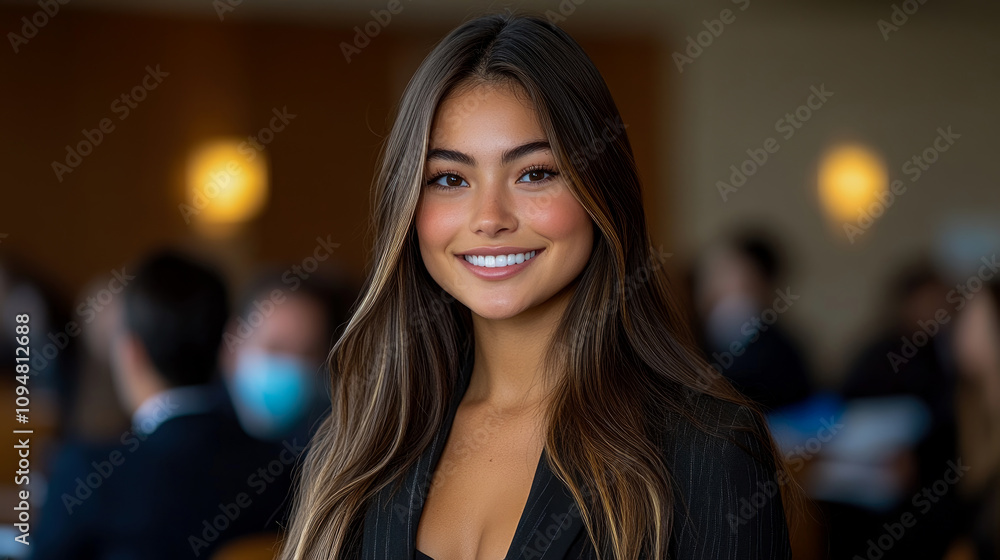 Young woman dressed in a black outfit smiles warmly amidst a busy gathering, showcasing a vibrant and engaging atmosphere at a professional event Young woman dressed in a black outfit smiles warmly amidst a busy gathering, showcasing a vibrant and engaging atmosphere at a professional event