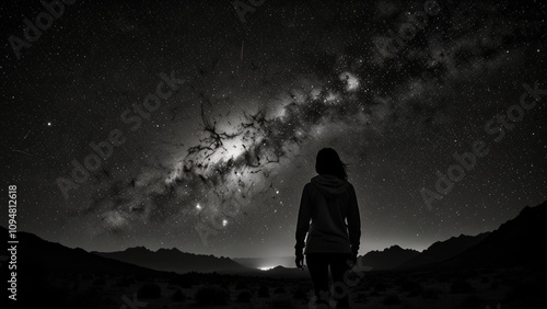 Black and white photo of a person standing on a rock