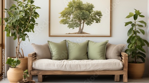 Scandinavian home design with rustic sofa, houseplant, and beige walls. Framed poster adds warmth and style to this minimalist living room. photo