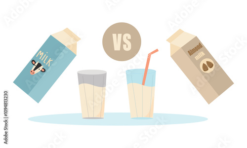 Vegetable milk vs cow s milk What is more useful soy, rice, oat, coconut, almond, cashew, hazelnut. Natural, vegetable, ecological product. Lactose free. Vector illustration.