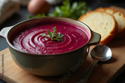 Hot beetroot soup puree in a tureen with slices of bread on the kitchen table.