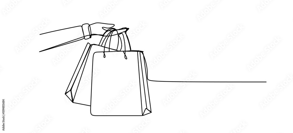 One continuous row of hands holding an eco-friendly bag in silhouette on a white background. Linear style. One continuous row of hands holding an eco-friendly bag in silhouette on a white background. Linear style.