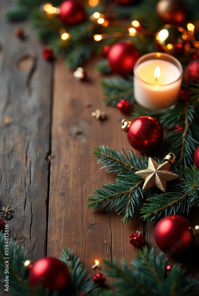 Red Christmas Balls Candle Lights on Rustic Wood Red Christmas Balls Candle Lights on Rustic Wood