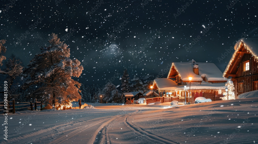 Classic wintery scene with snow-covered rooftops, holiday lights, and soft snowfall under a starry sky Classic wintery scene with snow-covered rooftops, holiday lights, and soft snowfall under a starry sky