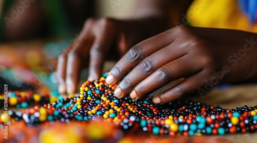 Close-up of hands skillfully stringing colorful beads to create a traditional Swazi necklace