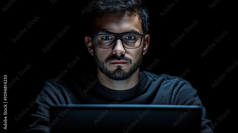 Portrait of a hacker operating a laptop, isolated Portrait of a hacker operating a laptop, isolated