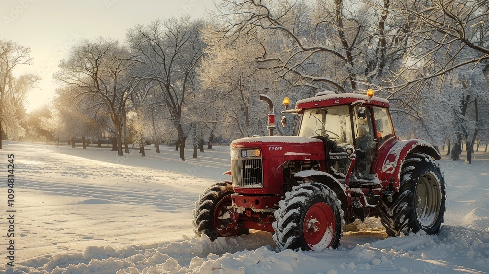 Red tractor in snowy winter landscape at sunrise. Red tractor in snowy winter landscape at sunrise.