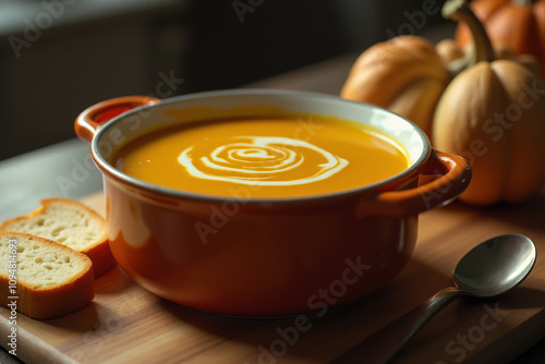 Hot pumpkin soup puree with cream in a tureen with slices of bread on the kitchen table. photo