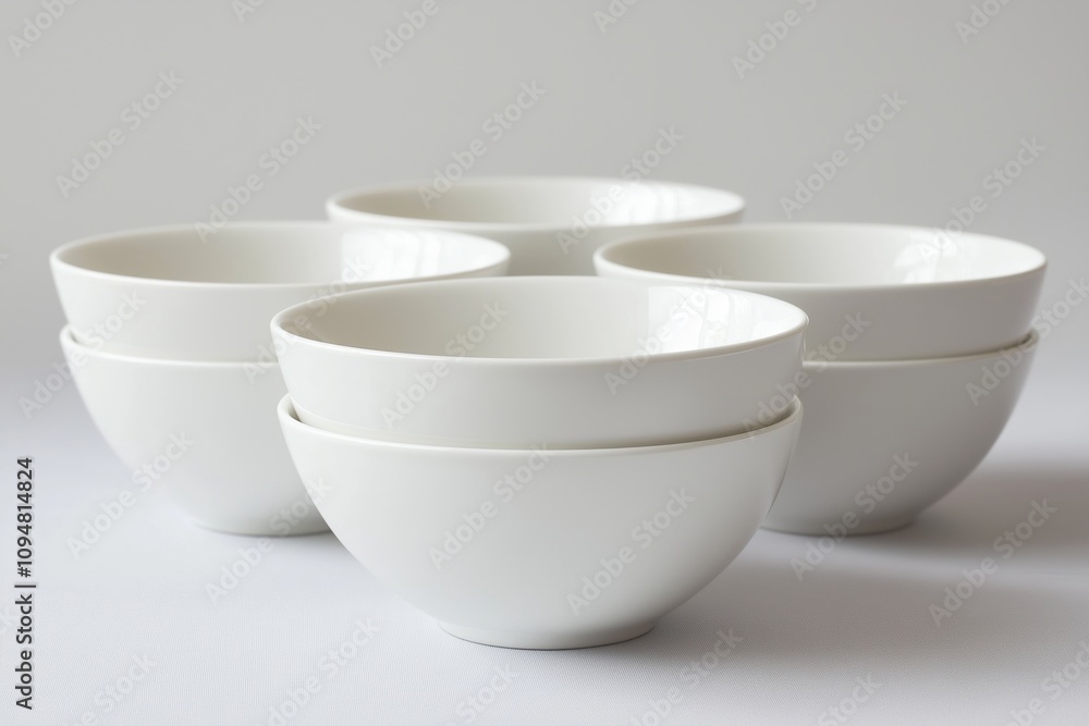 A set of smooth white bowls stacked elegantly against a simple background. A set of smooth white bowls stacked elegantly against a simple background.