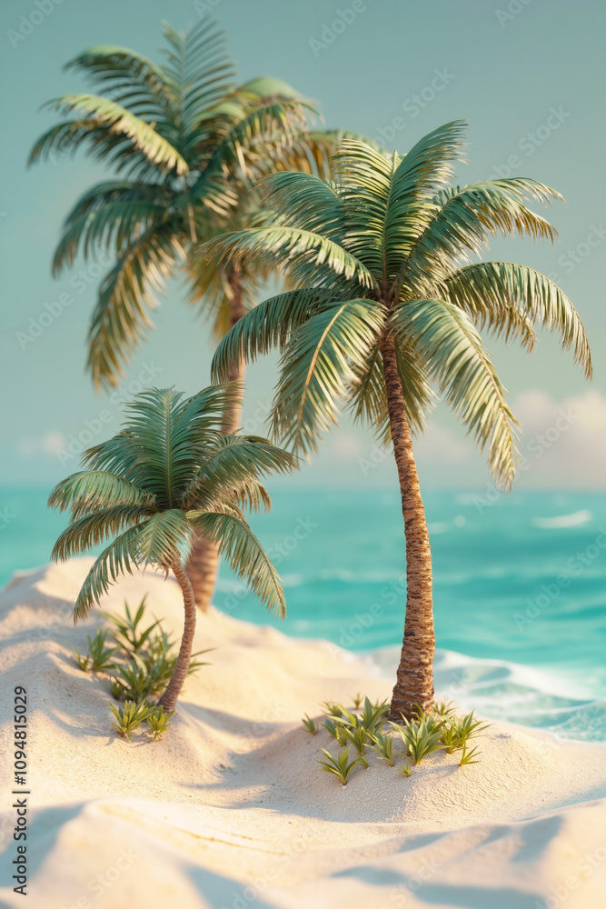 Obraz premium Two palm trees on a sandy beach next to the ocean
