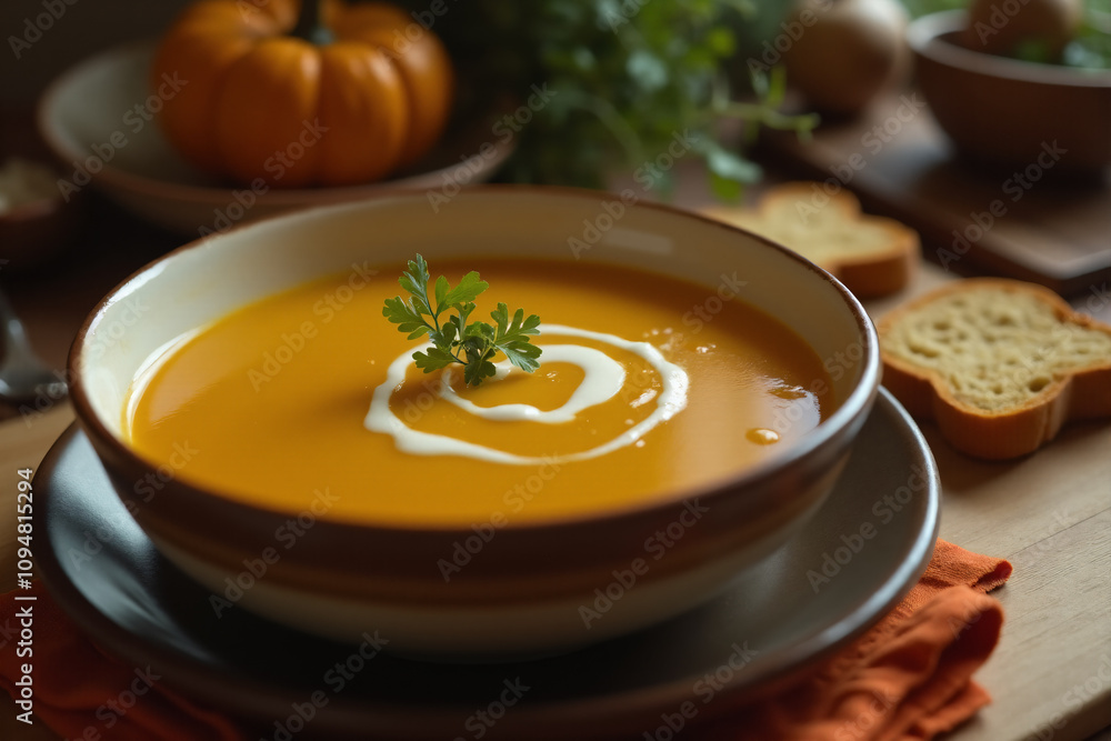 Hot pumpkin soup puree with cream in a tureen with slices of bread on the kitchen table. Hot pumpkin soup puree with cream in a tureen with slices of bread on the kitchen table.