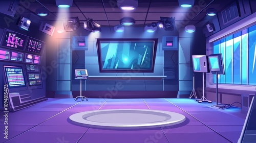 A Futuristic Stage with a Circular Platform and Screen Displaying a Digital Art Scene