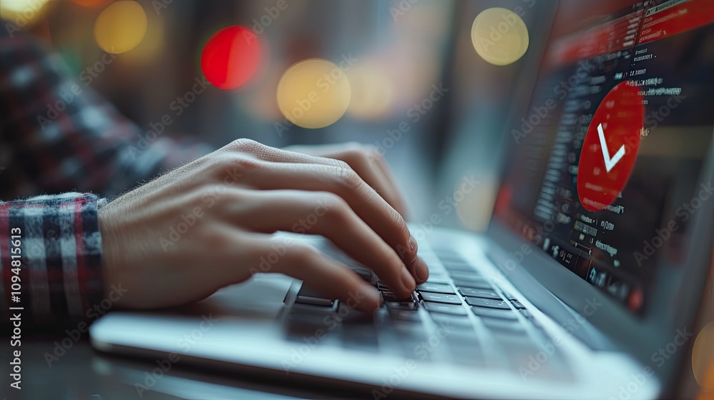Man's fingers typing on a laptop, banned media, and a sensitive content icon Man's fingers typing on a laptop, banned media, and a sensitive content icon