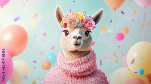 A hyperrealistic, happy alpaca with flowers on its head, wearing a pink sweater 