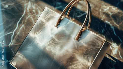 Close-up of a luxurious designer shopping bag resting on a marble table, exuding sophistication and exclusivity photo