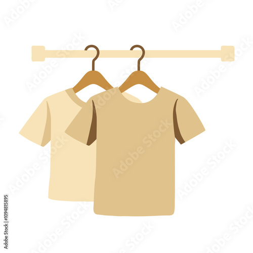 Pastel beige and cream t-shirts on hangers against a white background