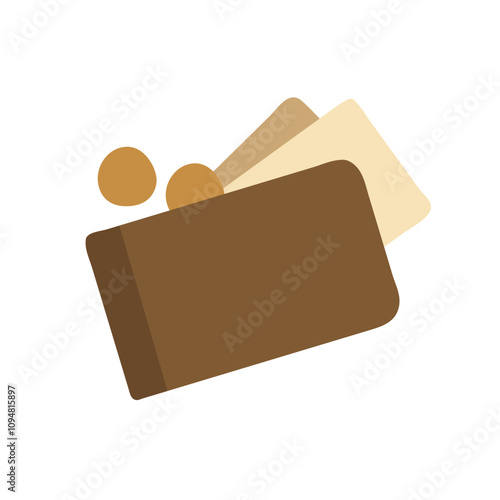 Simple brown wallet with coins and cards on white background