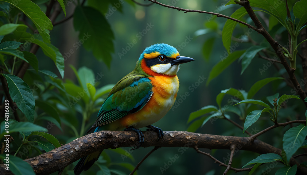 Obraz premium Glowing blue-crowned motmot texture, vibrant bird on branch, lush green background, soft lighting
