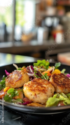 A plate features llapingachos potato patties, salad, sausage, and colorful garnishes photo