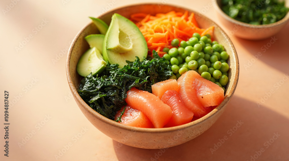 Bowl saludable con salmón, aguacate, kale, zanahorias y guisantes frescos. Bowl saludable con salmón, aguacate, kale, zanahorias y guisantes frescos.