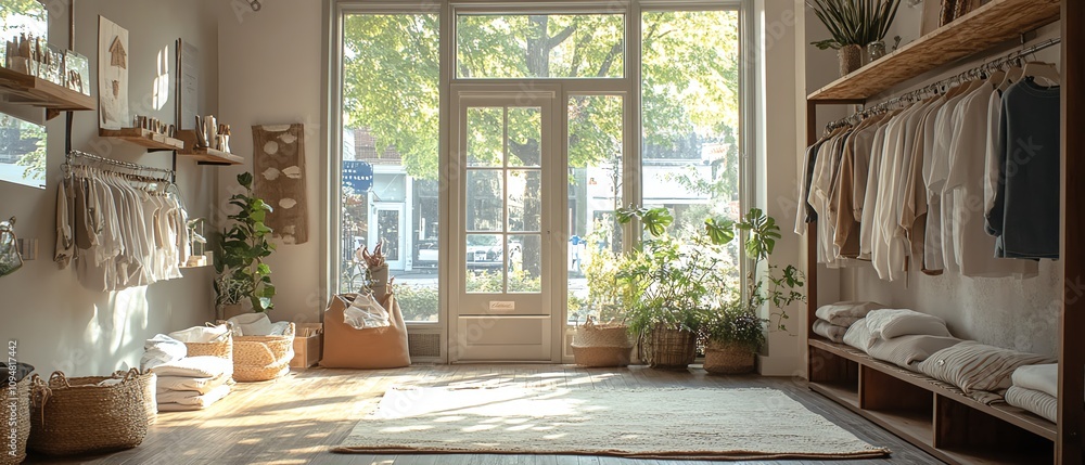 Elegant kids clothing boutique featuring cozy corduroy textures, warm neutral color palette, and abundant natural light streaming through large windows Elegant kids clothing boutique featuring cozy corduroy textures, warm neutral color palette, and abundant natural light streaming through large windows