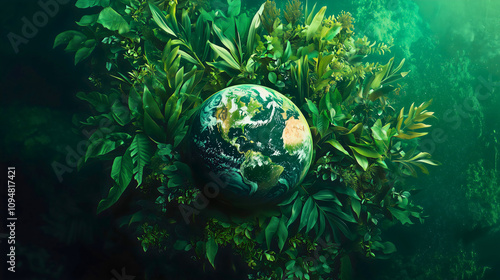 Planet Earth surrounded by various greenery and oceans, symbolizing ecological changes—an eco-friendly, healthier, and wealthier planet. It represents the fight against global pollution. photo