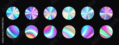 Blank holographic sticker template, shiny circle shape labels with iridescent foil effect. Empty rainbow chrome gradient premium quality emblems, round metallic hologram label mockup vector set