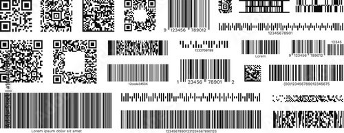Barcode and QR code labels for scanning, retail store product ID labeling stickers. Pricing tags, serial number badges, inventory barcodes, package tracking codes vector set