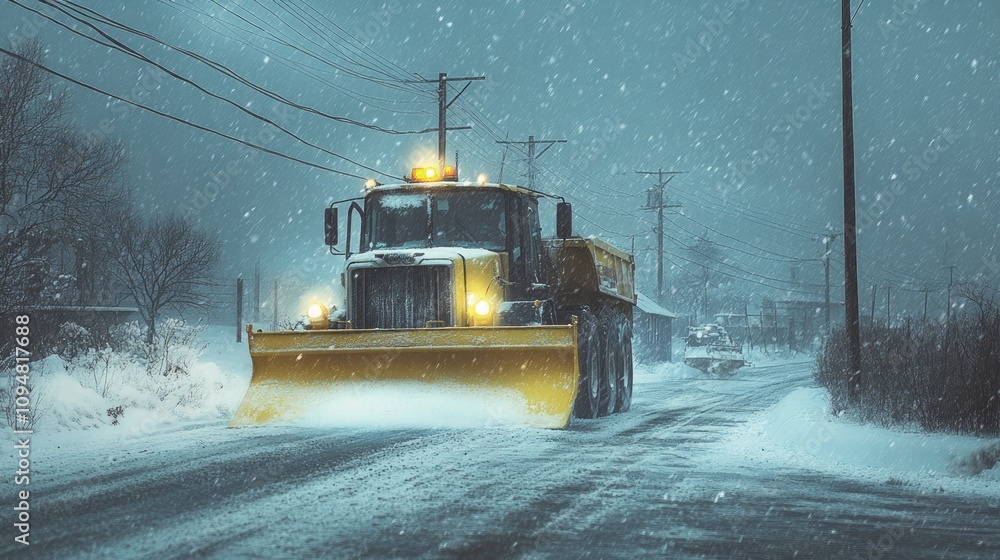 Snow plow truck clearing a snow-covered residential street during a blizzard at night. Snow plow truck clearing a snow-covered residential street during a blizzard at night.