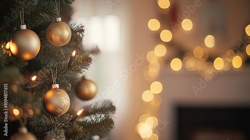 Sparkling Golden Christmas Tree Decorations with Blurred Background and Bokeh Lights, Perfect for Festive Holiday Greetings and New Year's Eve Celebrations.