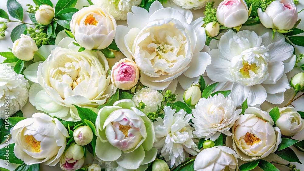 Fototapeta premium Aerial View of a Stunning Floral Arrangement Featuring White Peonies and Green Leaves on a Soft Background Perfect for Celebrations and Elegant Decor Ideas