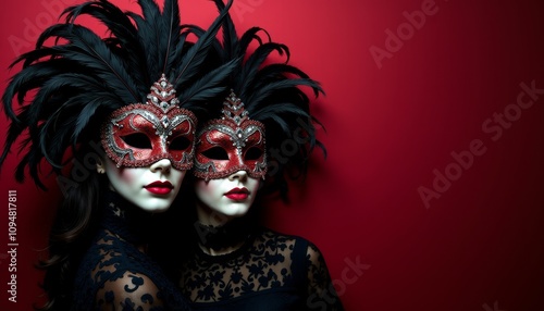 Dramatic masked figures wearing elaborate red feathered masks against vibrant red background photo